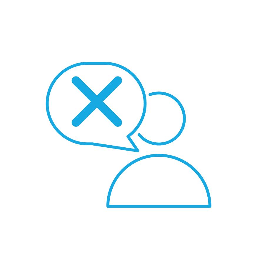 Icon of a person with a thought bubble next to them with an X in it, indicating they are not thinking/communicating.